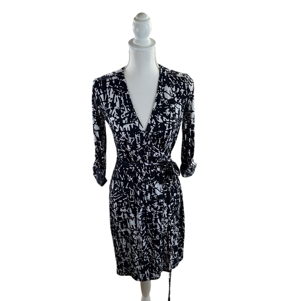 Calvin Klein Women Black White Geometric Print Wrap Midi Dress Size 2
